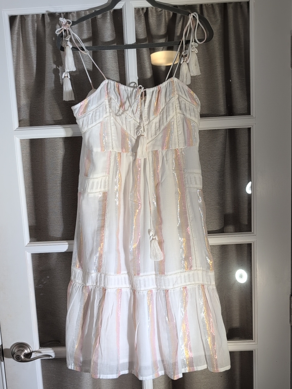 Anthropolgie Mahlia White Iridescent Stripe Sundress with Tassel Ties
